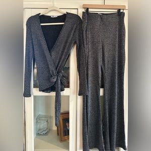 Zara Silver Long Sleeve Ribbed Wrap Blouse and pant suit bundle large
